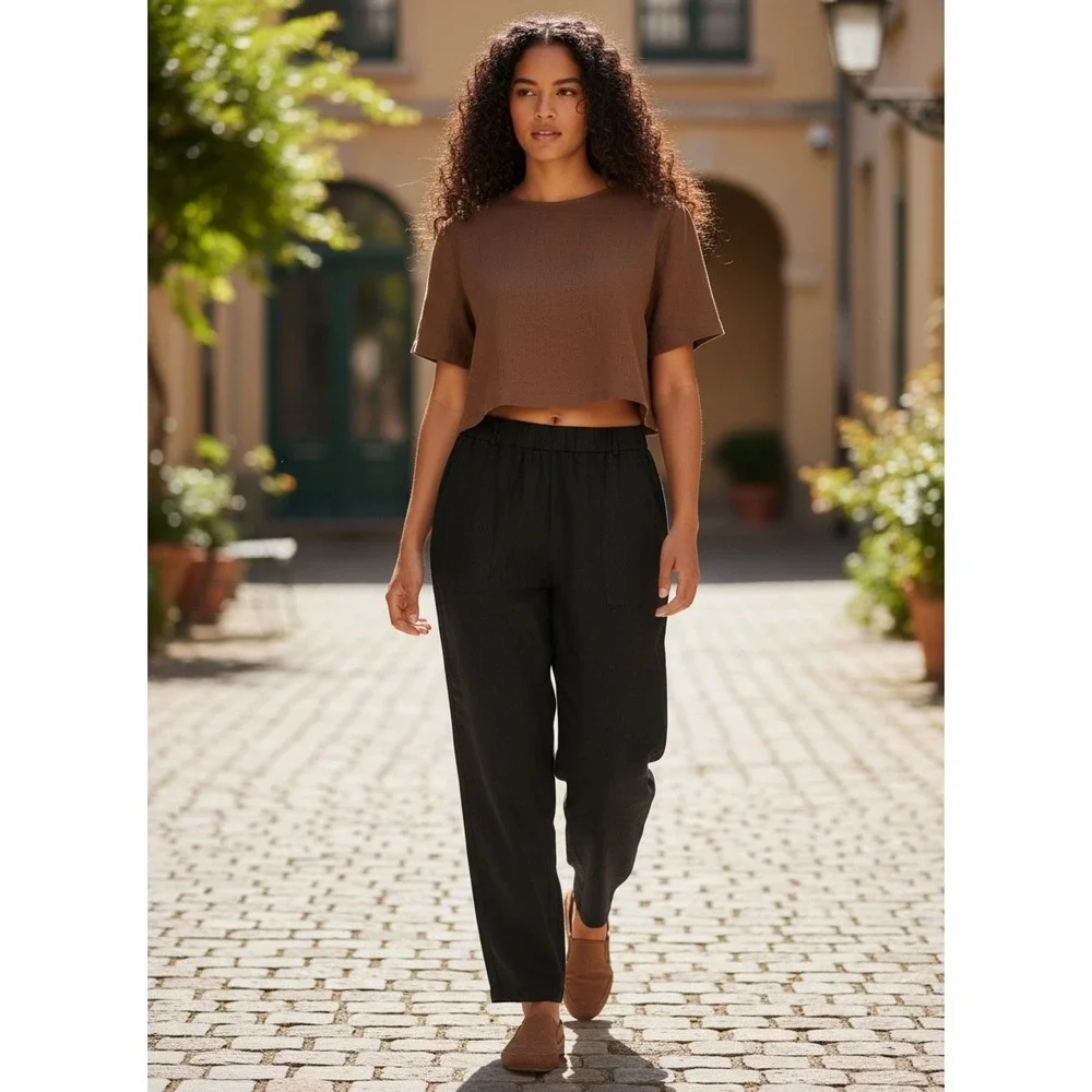 H&M Black Linen Blend Pleated Pants Women's SZ 12 Elastic Waist. Lagenlook. Cool